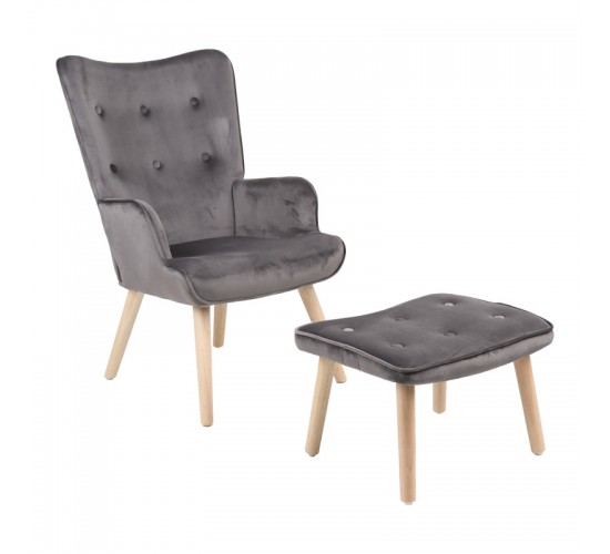 Πολυθρόνα με υποπόδιο Melisia γκρι βελούδο και ξύλινο πόδι σε φυσική απόχρωση 59x67x94εκ Υλικό: VELVET - WOOD 255-000076
