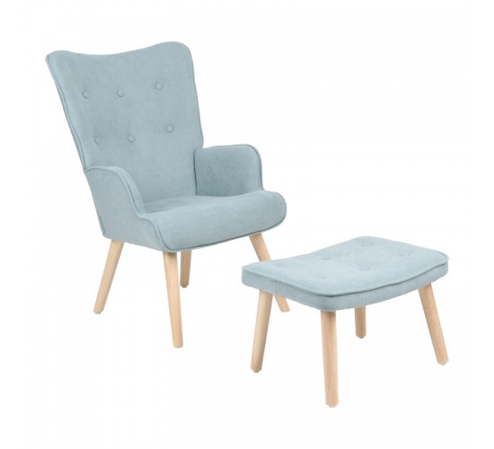 Πολυθρόνα με υποπόδιο Melisia βεραμάν ύφασμα και ξύλινο πόδι σε φυσική απόχρωση 59x67x94εκ Υλικό: FABRIC - WOOD 255-000078