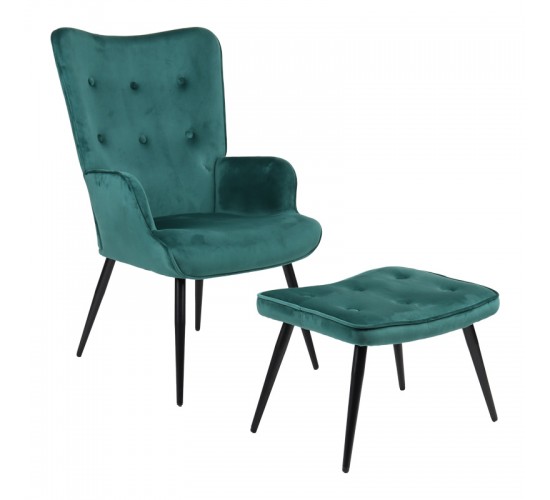 Πολυθρόνα με υποπόδιο Siella κυπαρισσί βελούδο και μαύρο μέταλλο πόδι 59x67x94εκ Υλικό: VELVET - STEEL 255-000080