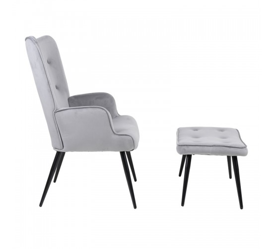 Πολυθρόνα με υποπόδιο Siella γκρι βελούδο και μαύρο μέταλλο πόδι 59x67x94εκ Υλικό: VELVET- STEEL 255-000081