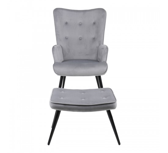 Πολυθρόνα με υποπόδιο Siella γκρι βελούδο και μαύρο μέταλλο πόδι 59x67x94εκ Υλικό: VELVET- STEEL 255-000081