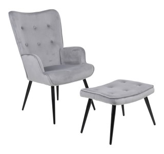 Πολυθρόνα με υποπόδιο Siella γκρι βελούδο και μαύρο μέταλλο πόδι 59x67x94εκ Υλικό: VELVET- STEEL 255-000081
