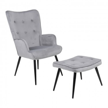 Πολυθρόνα με υποπόδιο Siella γκρι βελούδο και μαύρο μέταλλο πόδι 59x67x94εκ Υλικό: VELVET- STEEL 255-000081