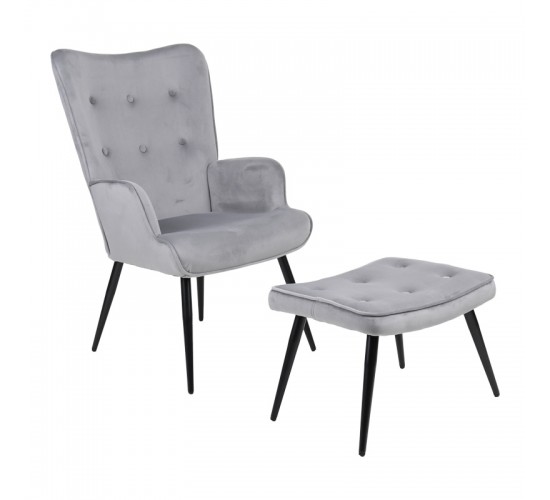 Πολυθρόνα με υποπόδιο Siella γκρι βελούδο και μαύρο μέταλλο πόδι 59x67x94εκ Υλικό: VELVET- STEEL 255-000081
