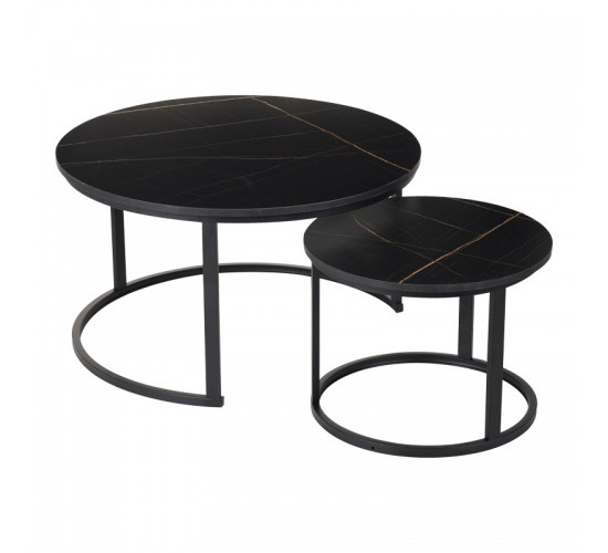 Τραπέζια σαλονιού Solme I 2τεμ σε μαύρο μαρμάρου απόχρωση με μαύρα μεταλλικά πόδια Υλικό: Table top:15mm Melamine MDF - Iron tube with powder coating 271-000043