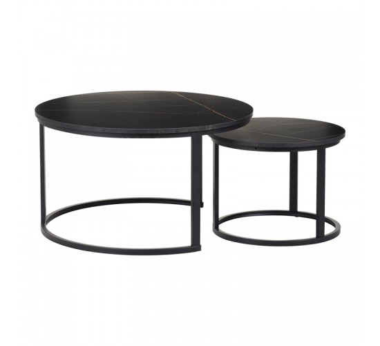 Τραπέζια σαλονιού Solme I 2τεμ σε μαύρο μαρμάρου απόχρωση με μαύρα μεταλλικά πόδια Υλικό: Table top:15mm Melamine MDF - Iron tube with powder coating 271-000043