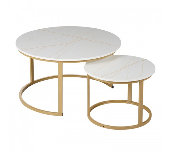 Τραπέζια σαλονιού Solme I 2τεμ σε λευκή μαρμάρου απόχρωση με χρυσά μεταλλικά πόδια Υλικό: Table top:15mm Melamine MDF - Iron tube with powder coating 271-000044