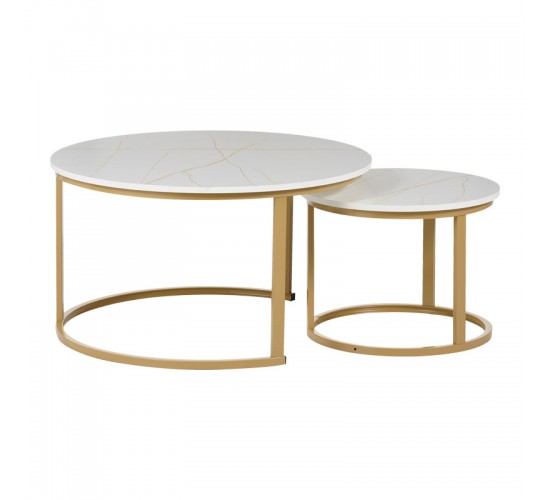 Τραπέζια σαλονιού Solme I 2τεμ σε λευκή μαρμάρου απόχρωση με χρυσά μεταλλικά πόδια Υλικό: Table top:15mm Melamine MDF - Iron tube with powder coating 271-000044