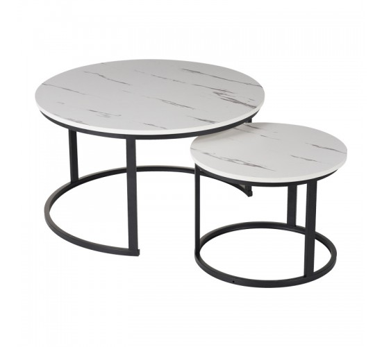 Τραπέζια σαλονιού Solme I 2τεμ σε λευκή μαρμάρου απόχρωση με μαύρα μεταλλικά πόδια Υλικό: Table top:15mm Melamine MDF - Iron tube with powder coating 271-000045