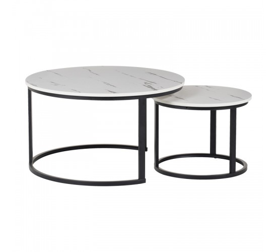 Τραπέζια σαλονιού Solme I 2τεμ σε λευκή μαρμάρου απόχρωση με μαύρα μεταλλικά πόδια Υλικό: Table top:15mm Melamine MDF - Iron tube with powder coating 271-000045