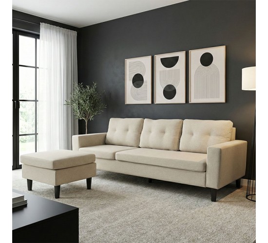 Γωνιακός καναπές αναστρέψιμος Maneli ύφασμα αμμου -μπεζ 196x138/77x82εκ Υλικό: PINE AND PLY WOOD  FRAME -FABRIC - PLASTIC LEGS 272-000004