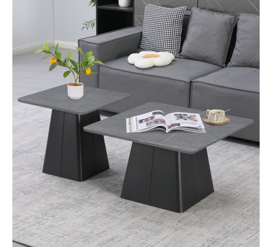 Τραπέζια σαλονιού Square σετ 2 τεμ βάση μέταλλο σε μαύρη-sintered stone σε γκρι μαρμάρου Υλικό: METAL - SINTERED STONE 278-000038
