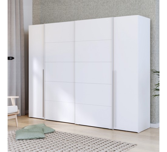 Ντουλάπα ρούχων Verzo τετράφυλλη λευκό μελαμίνης 270.5x61x210.5εκ Υλικό: -Carcase & front: chipboard. Handles: pp - Alu Look ;
sliding doors metal - Alu Look- 318-000004