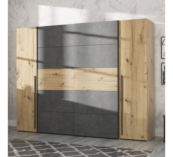 Ντουλάπα ρούχων Verzo τετράφυλλη oak-ανθρακί μελαμίνης 270.5x61.5x210.5εκ Υλικό: -Carcase & front: chipboard. Handles: pp - black ;
sliding doors metal - black- 318-000005
