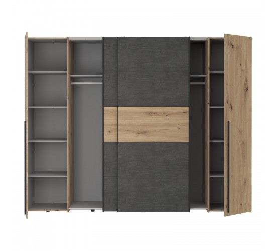 Ντουλάπα ρούχων Verzo τετράφυλλη oak-ανθρακί μελαμίνης 270.5x61.5x210.5εκ Υλικό: -Carcase & front: chipboard. Handles: pp - black ;
sliding doors metal - black- 318-000005