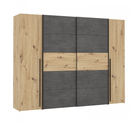 Ντουλάπα ρούχων Verzo τετράφυλλη oak-ανθρακί μελαμίνης 270.5x61.5x210.5εκ Υλικό: -Carcase & front: chipboard. Handles: pp - black ;
sliding doors metal - black- 318-000005