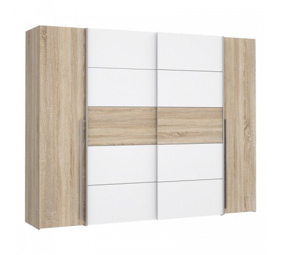 Ντουλάπα ρούχων Verzo τετράφυλλη oak-λευκό μελαμίνης 270,5x61x210.5εκ Υλικό: -Carcase & front: chipboard. Handles: pp - Alu Look ;
Sliding doors metal - Alu Look- 318-000006