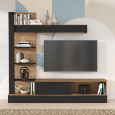 Σύνθετο σαλονιού Dranko μαύρο-oak μελαμίνης 205x41.5x192εκ Υλικό: carcase & front: chipboard; handle: pp - black 318-000010