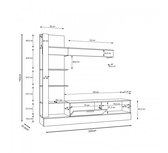 Σύνθετο σαλονιού Dranko μαύρο-oak μελαμίνης 205x41.5x192εκ Υλικό: carcase & front: chipboard; handle: pp - black 318-000010