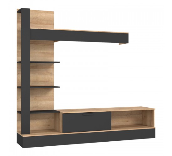 Σύνθετο σαλονιού Dranko μαύρο-oak μελαμίνης 205x41.5x192εκ Υλικό: carcase & front: chipboard; handle: pp - black 318-000010