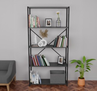 Βιβλιοθήκη Tikilmo ανθρακί μελαμίνης-μαύρο μέταλλο 88x34x180εκ Υλικό: MELAMINE - METAL 321-000004