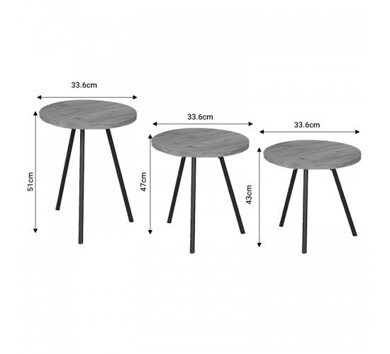 Βοηθητικό τραπέζι Sebko σετ 3τεμ oak-μαύρο μελαμίνης Υλικό: MELAMINE 321-000040