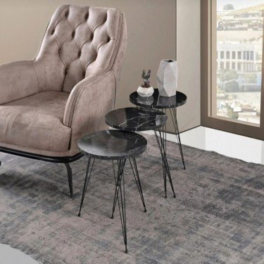 Βοηθητικά τραπέζια Wakmi σετ 3τεμ μαύρο μαρμάρου μελαμίνης-μαύρο μέταλλο Υλικό: MELAMINE -  METAL 321-000071