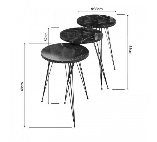 Βοηθητικά τραπέζια Wakmi σετ 3τεμ μαύρο μαρμάρου μελαμίνης-μαύρο μέταλλο Υλικό: MELAMINE -  METAL 321-000071