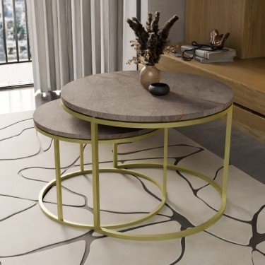 Τραπέζια σαλονιού Solme σετ 2τεμ γκρι μάρμαρου μελαμίνης-χρυσό μέταλλο Υλικό: MELAMINE -  METAL 321-000074