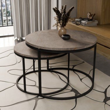 Τραπέζια σαλονιού Solme σετ 2τεμ γκρι μαρμάρου μελαμίνης-μαύρο μέταλλο Υλικό: MELAMINE -  METAL 321-000080