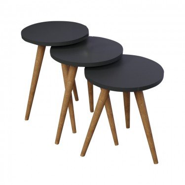 Βοηθητικά τραπέζια Perjene σετ 3τεμ μελαμίνη σε ανθρακί απόχρωση και ξύλινα πόδια Υλικό: MELAMINE - WOOD 321-000091