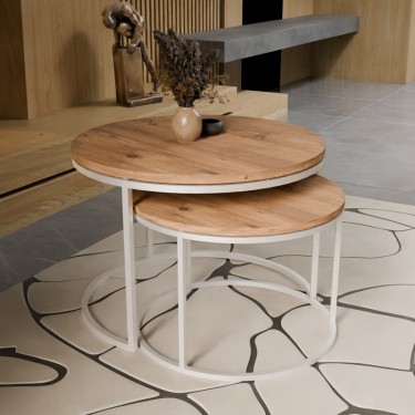 Τραπέζια σαλονιού Solme σετ 2τεμ λευκό μέταλλο και μελαμίνη σε φυσική απόχρωση Υλικό: MELAMINE - METAL 321-000111