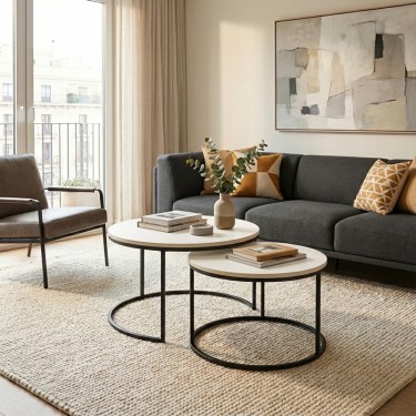 Τραπέζι σαλονιού Solme σετ 2τεμ κρεμ-πόδι μαύρο μέταλλο Υλικό: MELAMINE -  METAL 321-000130