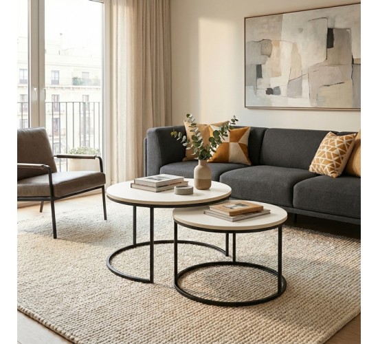 Τραπέζι σαλονιού Solme σετ 2τεμ κρεμ-πόδι μαύρο μέταλλο Υλικό: MELAMINE -  METAL 321-000130