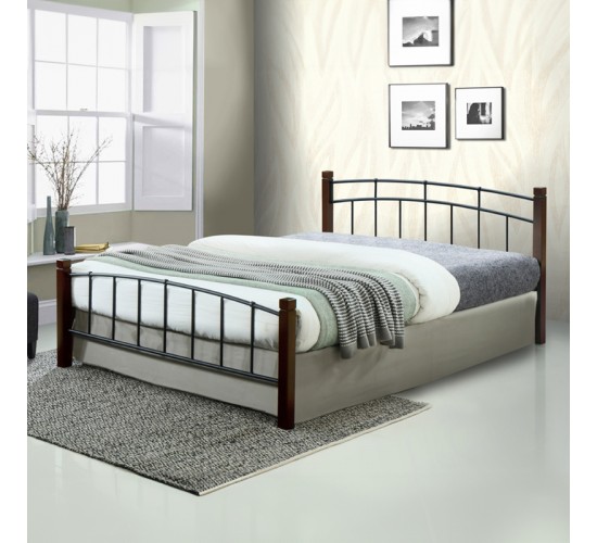 Κρεβάτι διπλό Mandy ξύλο σε καρυδί απόχρωση-μαύρο μέταλλο 140x190εκ Υλικό: METAL - RUBBERWOOD 330-000002