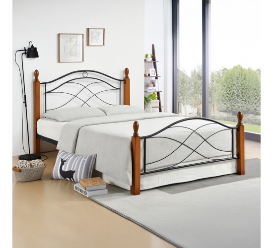 Κρεβάτι Polanian ξύλο rubberwood σε καρυδί απόχρωση-μαύρο μέταλλο 90x190εκ Υλικό: METAL - RUBBERWOOD 330-000023