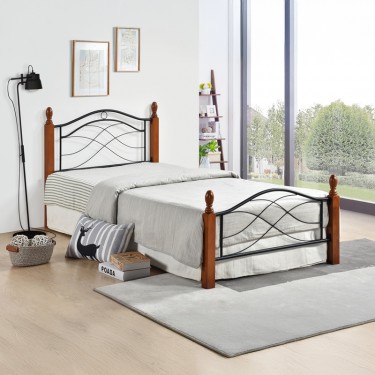 Κρεβάτι Polanian ξύλο rubberwood σε καρυδί απόχρωση-μαύρο μέταλλο 150x200εκ Υλικό: METAL - RUBBERWOOD 330-000024