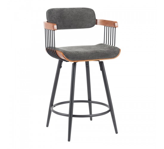 Σκαμπό μπαρ Cameo μέταλλο μαύρο-καρυδί ξύλο-ανθρακί ύφασμα 53x50x93εκ Υλικό: PLYWOOD - METAL - FABRIC 332-000030