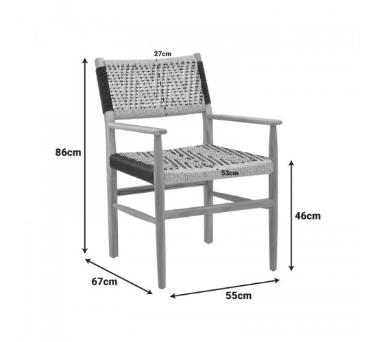 Πολυθρόνα Fermilo σκελετός teak ξύλο με pe σχοινί σε φυσική-μαύρη απόχρωση 55x67x86εκ Υλικό: TEAKWOOD - STRAW 336-000028