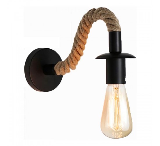 Φωτιστικό τοίχου-απλίκα Kaniwel E27 μέταλλο και σχοινί σε μαύρη-φυσική απόχρωση 28x10x10εκ Υλικό: METAL - ROPE 342-000124