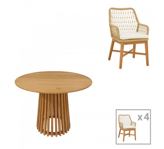 Τραπεζαρία Elaiza-Kenda σετ 5τεμ σε φυσική-μπεζ απόχρωση Φ80x75εκ Υλικό: TEAK -MINDI WOOD 343-000051