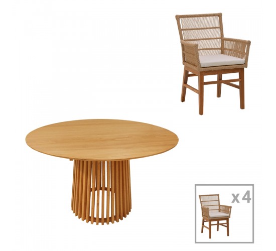 Τραπεζαρία Inca-Kenda I σετ 5τεμ σε φυσική-μπεζ απόχρωση Φ120x75εκ Υλικό: TEAK - MINDI WOOD- PE ROPE 343-000057