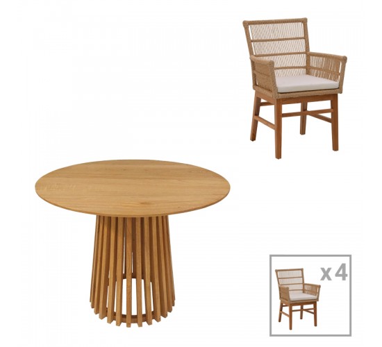 Τραπεζαρία Inca-Kenda σετ 5τεμ σε φυσική-μπεζ απόχρωση Φ80x75εκ Υλικό: TEAK - MINDI WOOD- PE ROPE 343-000060