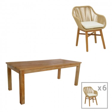 Τραπεζαρία Kalie-Wooly σετ 7τεμ σε φυσική-μπεζ απόχρωση 220x90x75εκ Υλικό: TEAK WOOD- PE ROPE 343-000063