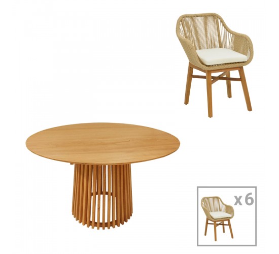 Τραπεζαρία Kalie-Kenda I σετ 7τεμ σε φυσική-μπεζ απόχρωση Φ120x75εκ Υλικό: TEAK - MINDI WOOD- PE ROPE 343-000065