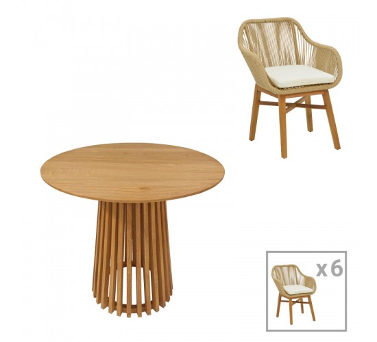 Τραπεζαρία Kalie-Kenda σετ 7τεμ σε φυσική-μπεζ απόχρωση Φ80x75εκ Υλικό: TEAK - MINDI WOOD- PE ROPE 343-000068