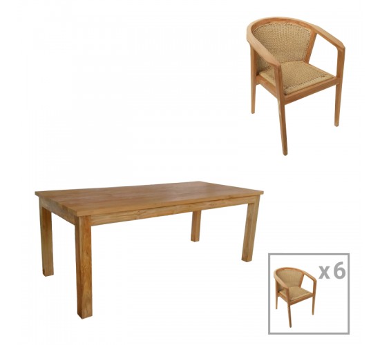 Τραπεζαρία Granny-Wooly σετ 7τεμ σε φυσική-μπεζ απόχρωση 220x90x75εκ Υλικό: TEAK WOOD- PE ROPE 343-000070