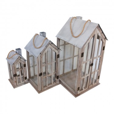 Φανάρια Bearie Inart σετ 3τεμ αλουμίνιο σε καφέ απόχρωση Υλικό: ALUMINUM - FIR WOOD - GLASS 346-000008