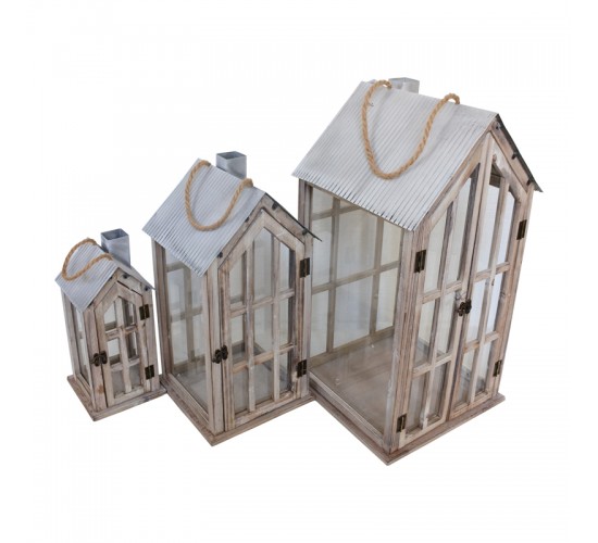 Φανάρι Bearie Inart σετ 3τεμ αλουμίνιο σε καφέ απόχρωση Υλικό: ALUMINUM - FIR WOOD - GLASS 346-000008