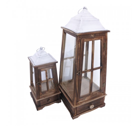 Φανάρι Hally Inart σετ 2τεμ αλουμίνιο σε σκούρη καφέ απόχρωση Υλικό: ALUMINUM - FIR WOOD - GLASS 346-000009